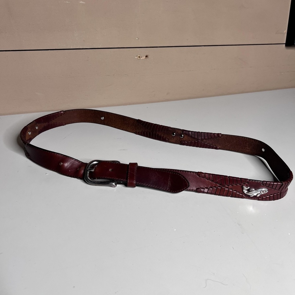 Vintage Burgundy Leather Whipstitch Belt Silver Trout Shell Charms Oxblood
